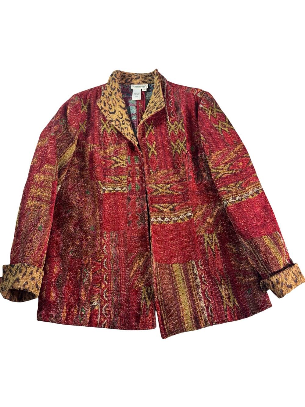 Coldwater Creek Womens Sm Tapestry Jacket Leopard Trim Boho Southwestern Blazer